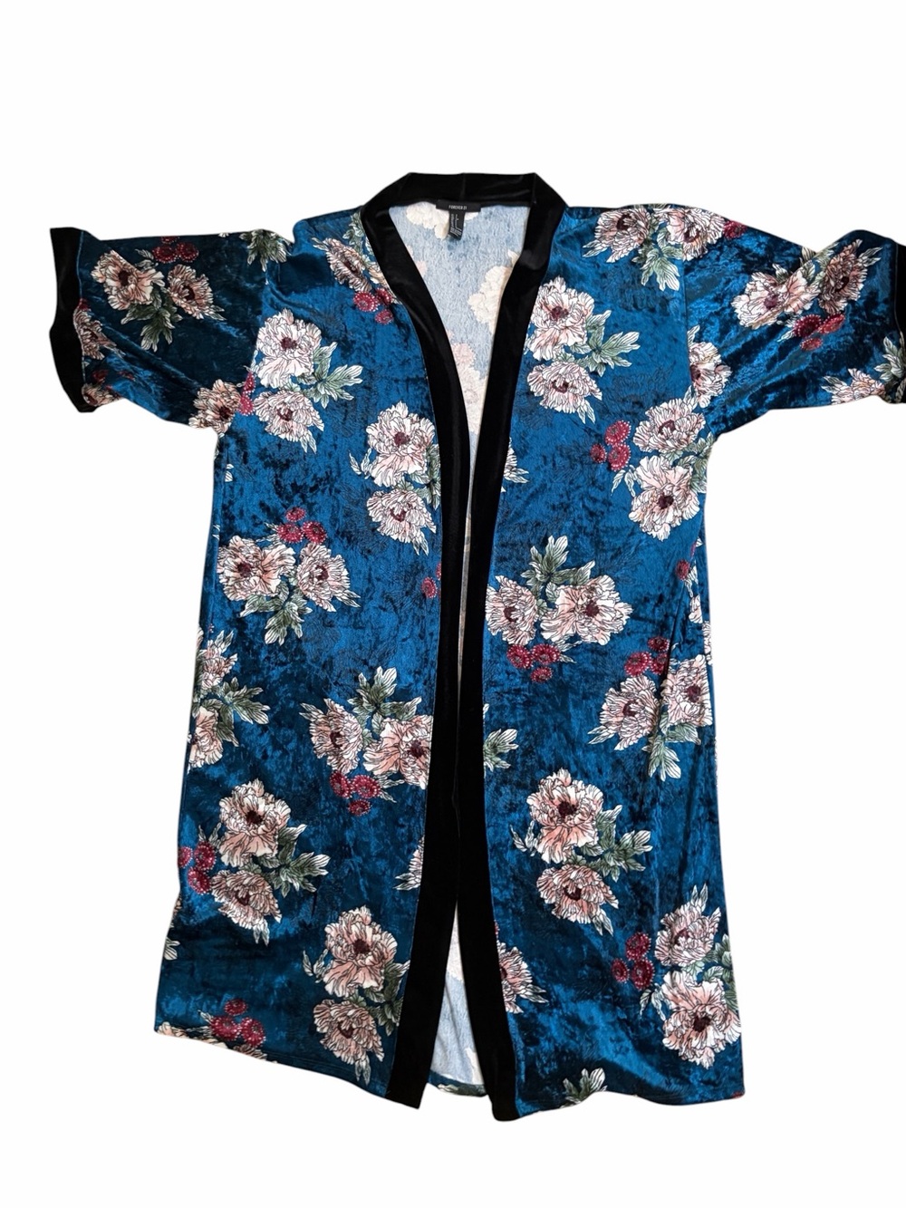 Forever 21 crushed velvet kimono robe oversized small jewel tone EUC floral